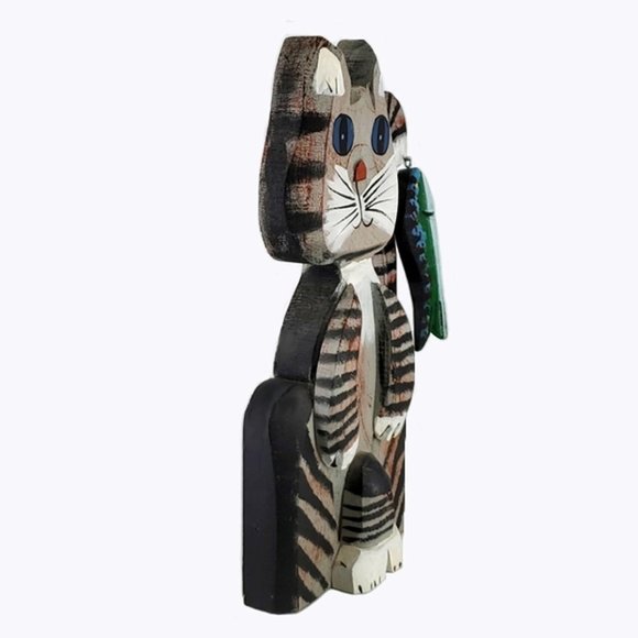 Folk Art Wooden Cat w/Fish Primitive Hand Painted Black & Gray Stripe 3D Vintage - Picture 2 of 6
